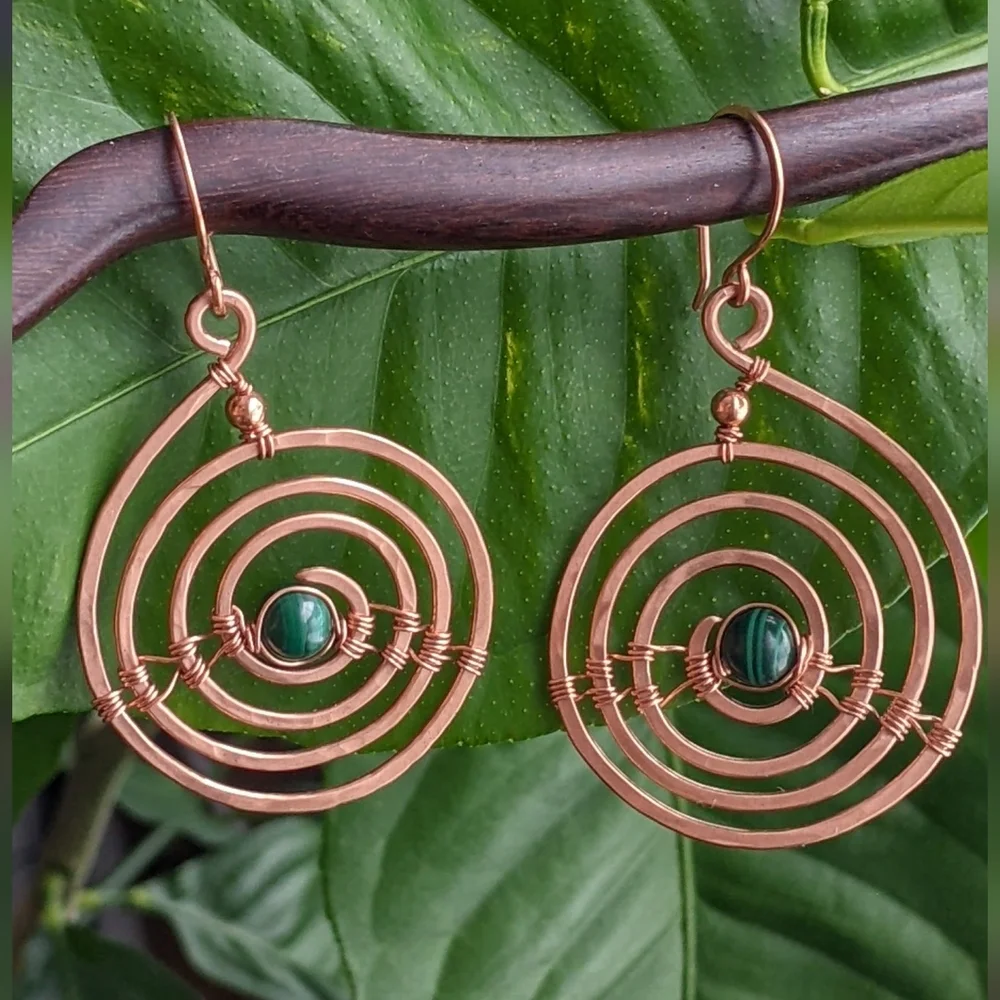 Industrial Urban Copper Spiral Earrings Natural Malachite Gems Earthy Bold - Picture 4 of 12
